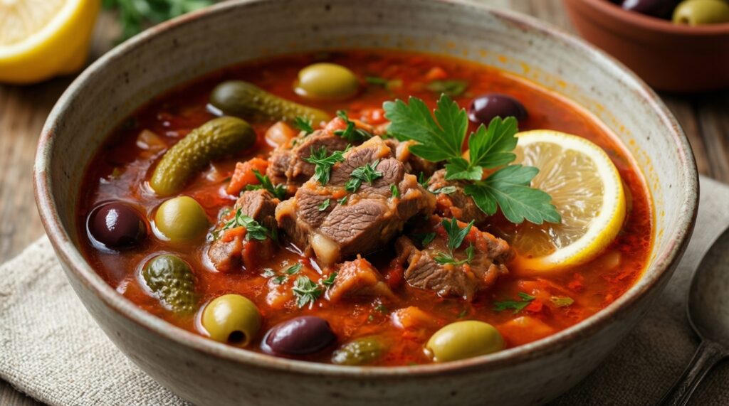 - Классическая солянка: правильное сочетание мясных и копчёных продуктов - иллюстрация
